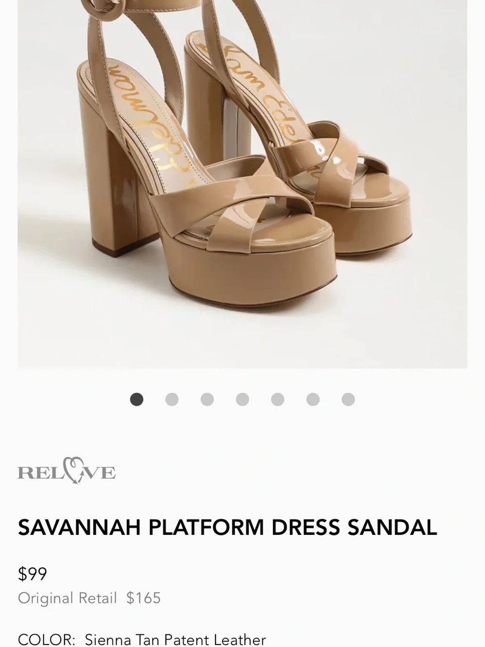 Delman Beige Patent Platform Block Heel Sandal with Ankle Strap